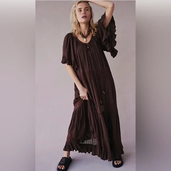 NWOT Free People S Dream On Maxi Dress in Brown New $108 retail - Picture 2 of 6